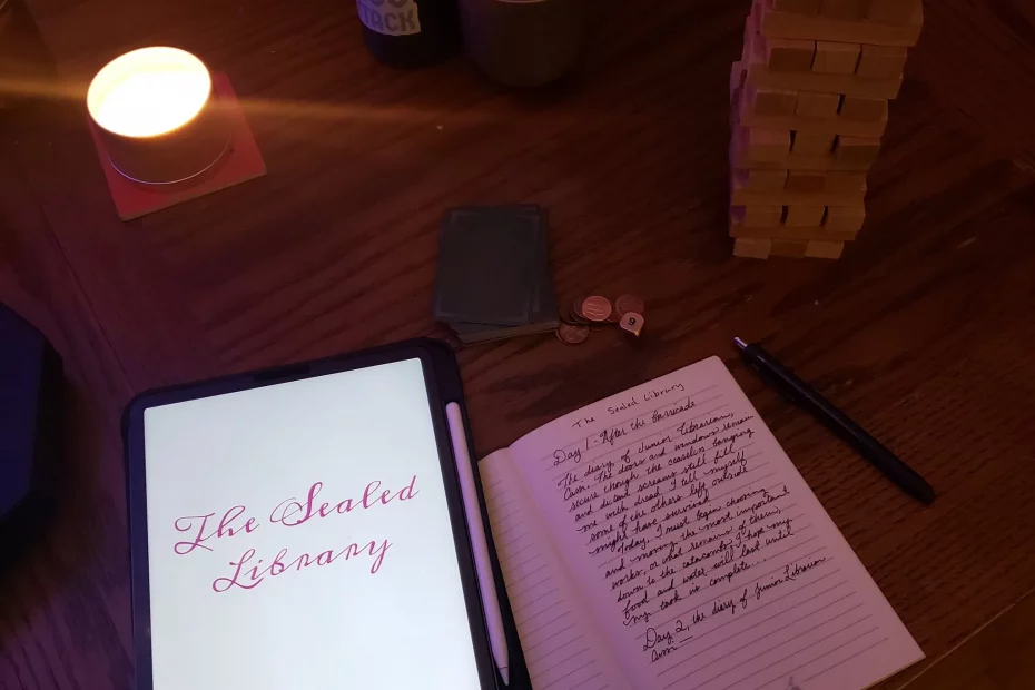 A set up for The Sealed Library using a tumbling tower, notebook, candle, dice and a deck of cards.