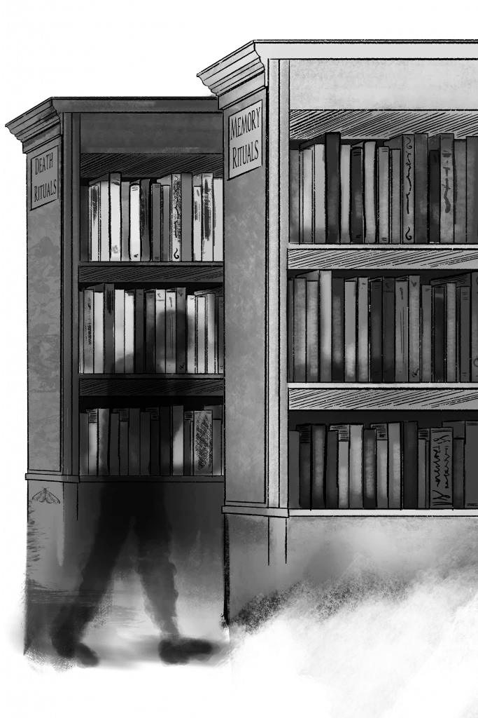 A mysterious and perhaps ghostly figure wanders between two bookshelves at what looks to be a library in this black and white drawing from Tangled Blessings.